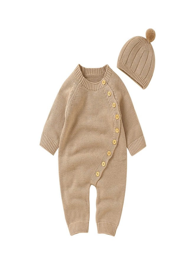 Kutterild Newborn Baby Boy Girl Footie Romper Waffle Knit Side Button Jumpsuit Infant Sweater Coverall with Hat (Khaki, 0-3 Months) - Image 1