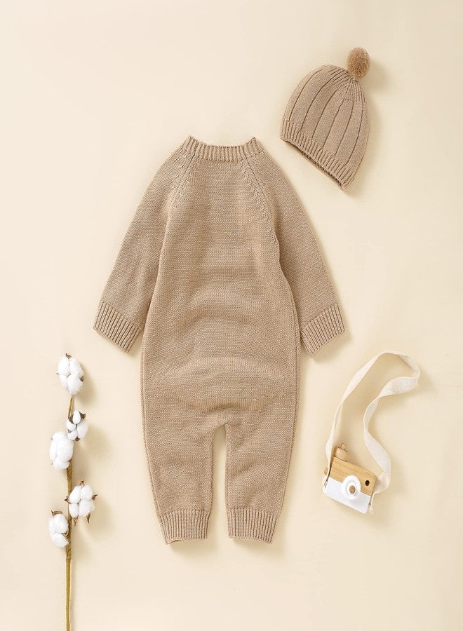 Kutterild Newborn Baby Boy Girl Footie Romper Waffle Knit Side Button Jumpsuit Infant Sweater Coverall with Hat (Khaki, 0-3 Months) - Image 5