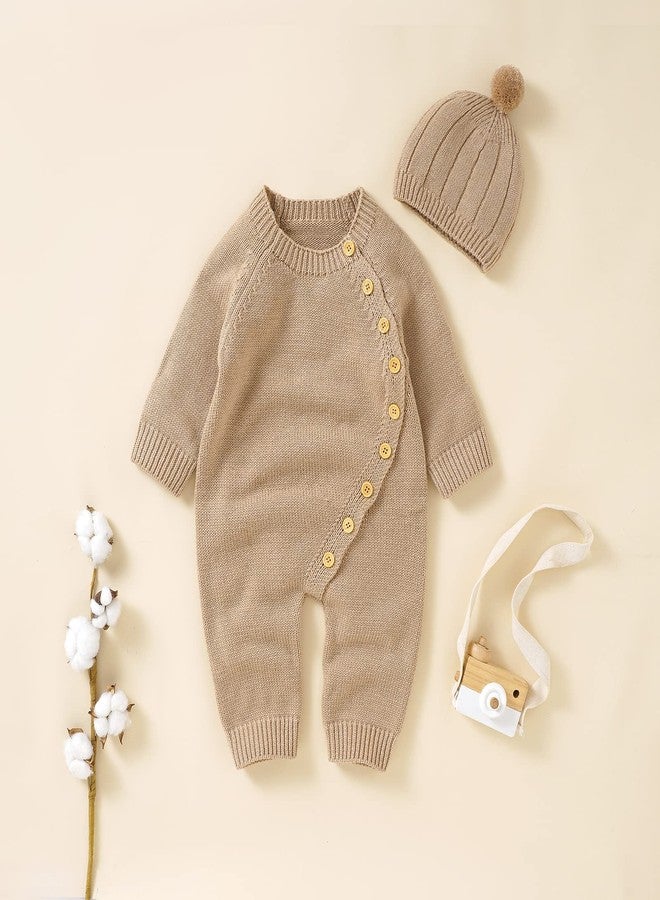 Kutterild Newborn Baby Boy Girl Footie Romper Waffle Knit Side Button Jumpsuit Infant Sweater Coverall with Hat (Khaki, 0-3 Months) - Image 2