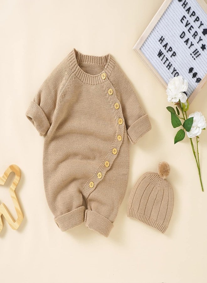 Kutterild Newborn Baby Boy Girl Footie Romper Waffle Knit Side Button Jumpsuit Infant Sweater Coverall with Hat (Khaki, 0-3 Months) - Image 4