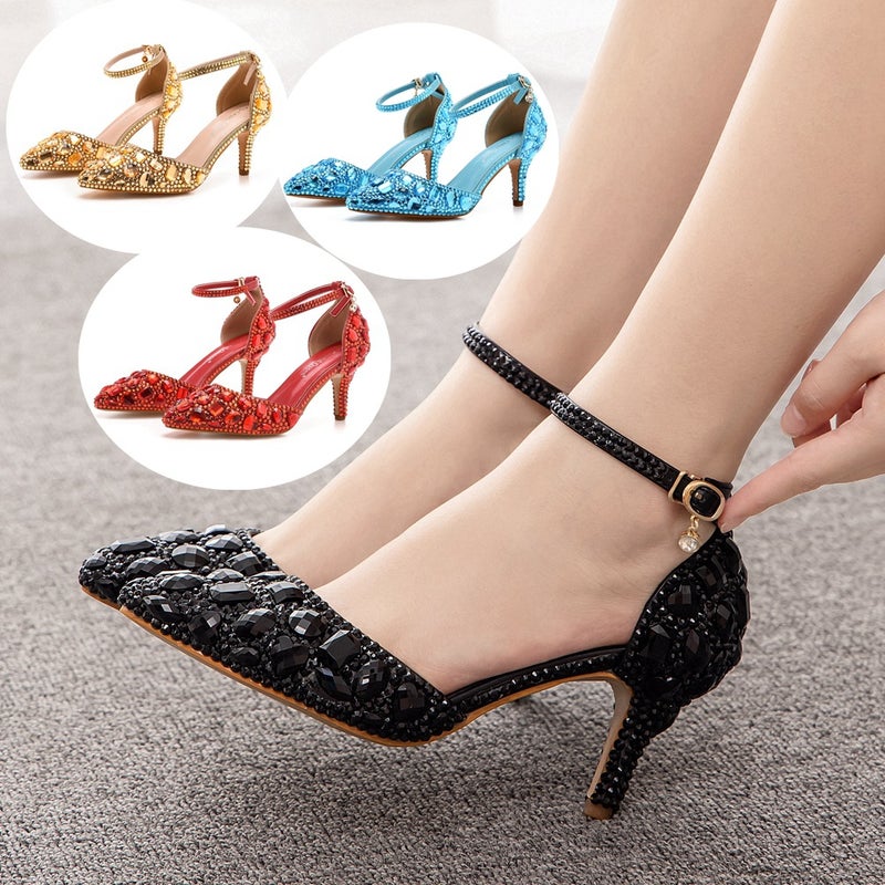 7Cm Large Size Sandals Stiletto Heel Pointed Rhinestone High Heel Sandals Golden Rhinestone High Heels Wedding Shoes - Image 2