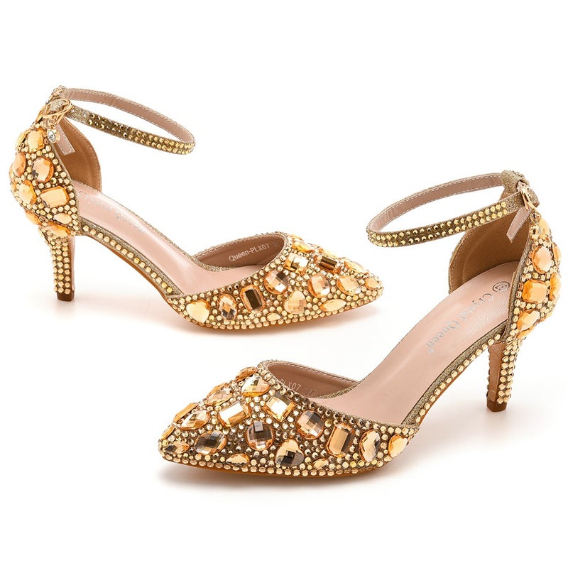 7Cm Large Size Sandals Stiletto Heel Pointed Rhinestone High Heel Sandals Golden Rhinestone High Heels Wedding Shoes - Image 1