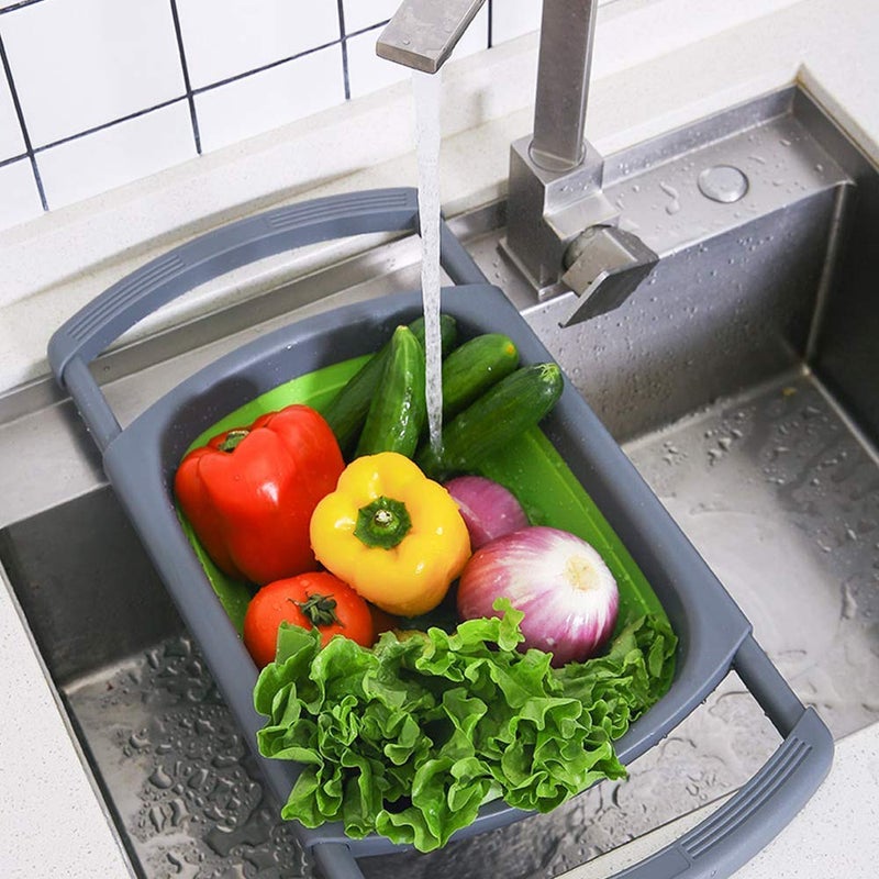 GION Vegetable Fruit Washing Strainer Basket Collapsible Strainers Kitchen Colander Drain for Noodles Rice Pulses Pasta Folding Strainer for Kitchen Drying Rack with Extendable Handles - Image 1