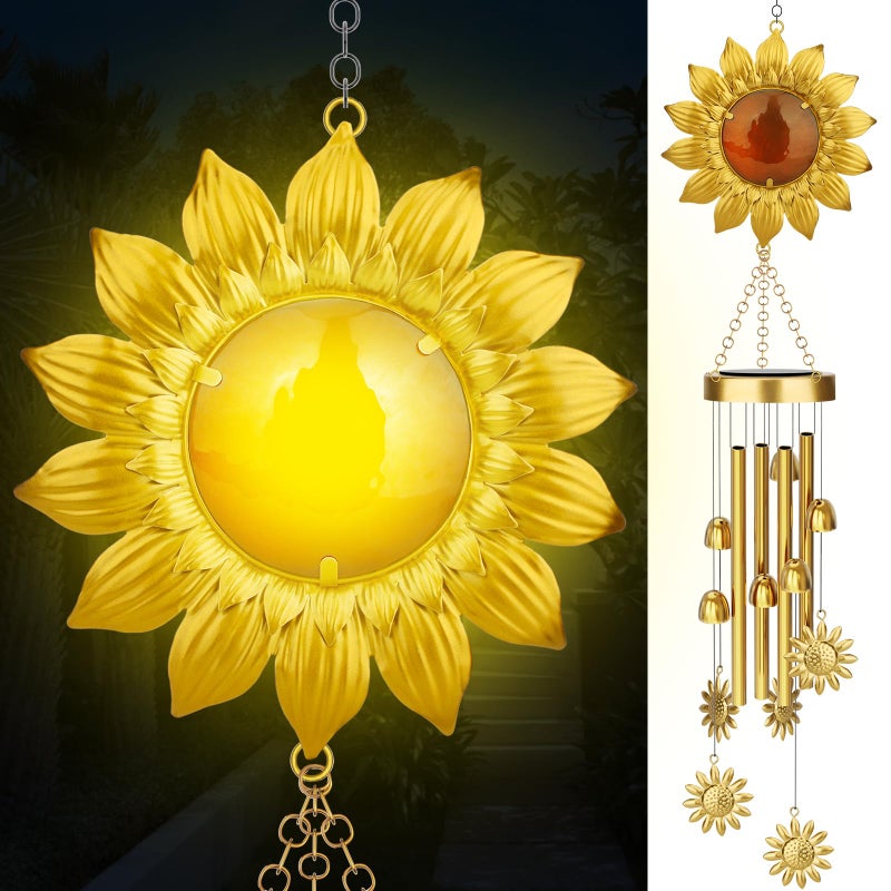 JYPS JYPS Solar Wind Chimes with Sunflower LED Lights 42Inch Large Waterproof Outdoor Garden Decor for Patio Yard Unique Gifts for Women Mom Grandma Mothers Day Birthday EasyInstall Design