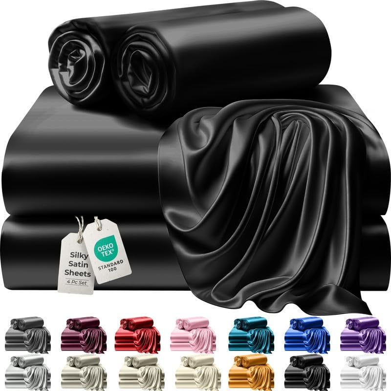 DECOLURE Satin Sheets Full Size Set 4 Pcs - Silky & Luxuriously Soft Satin Bed Sheets w/ 15 inch Deep Pocket - Double Stitching  Wrinkle Free (Black)