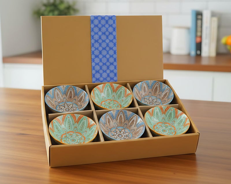 ONICORN Porcelain Dessert Bowls Gift Box Set Ceramic Bowl For Ice Cream,Soup,Rice,Snack,Side Bowl,Microwave And Dishwasher Safe - Unique Design With Grid And Wave Pattern(Green,Pack Of 6),280 ML - Image 1
