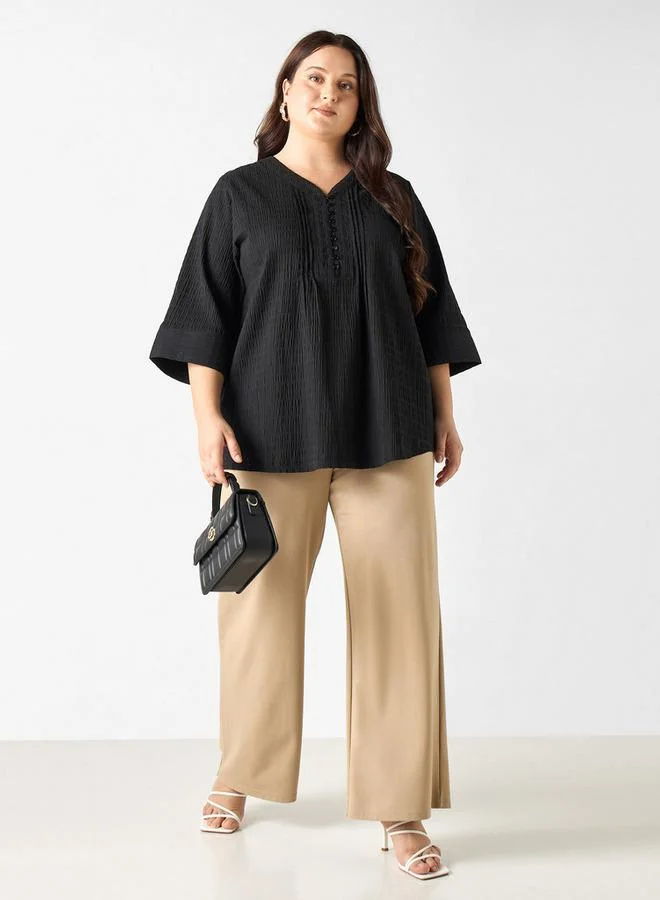 Ulla Popken Plus Size Ulla Popken Textured V-neck Top with 3/4 Sleeves
