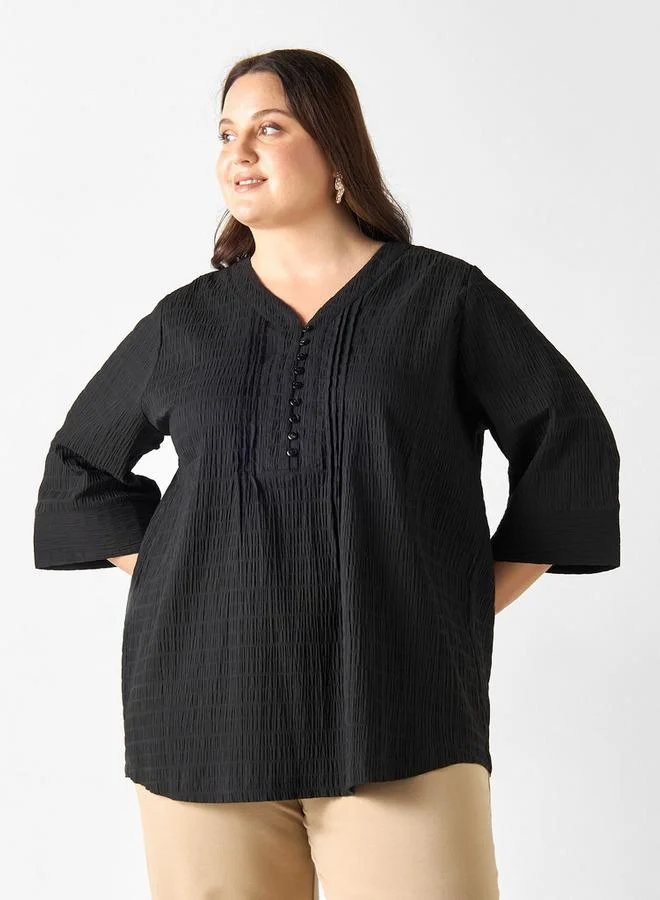 Ulla Popken Plus Size Ulla Popken Textured V-neck Top with 3/4 Sleeves