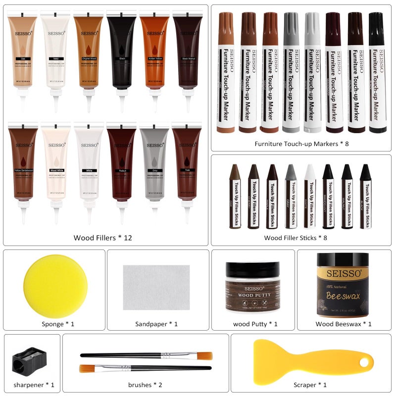 SEISSO Wood Furniture Repair Kit, 12 Colors Wood Fillers, Wood Putty with Beeswax, Furniture Touch Up Markers with Wood Crayons, Hardwood Floor Repair Kit for Stains, Scratch, Cracks, Hole - Image 2