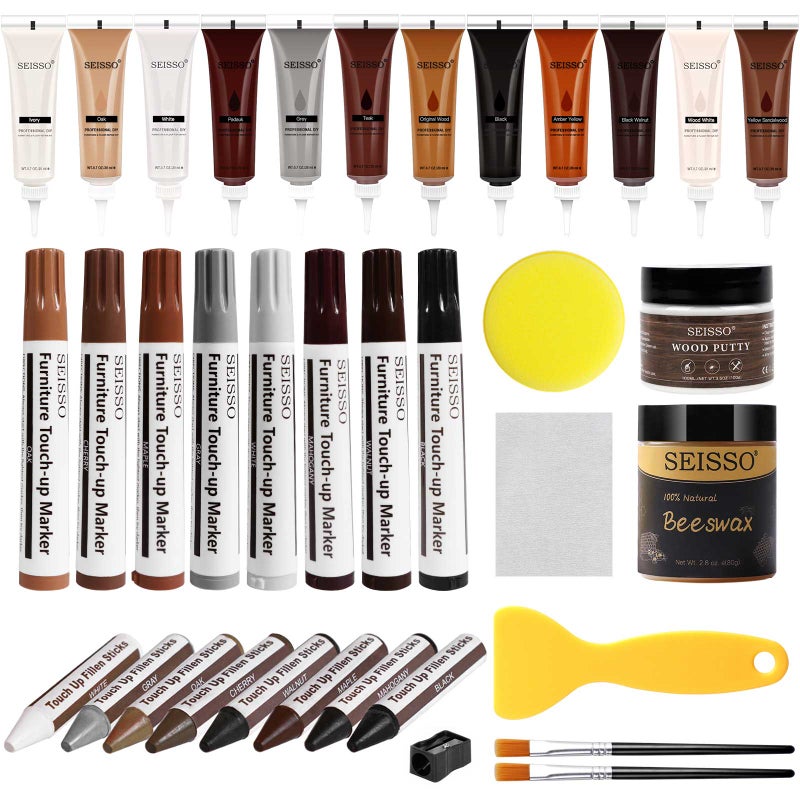 SEISSO Wood Furniture Repair Kit, 12 Colors Wood Fillers, Wood Putty with Beeswax, Furniture Touch Up Markers with Wood Crayons, Hardwood Floor Repair Kit for Stains, Scratch, Cracks, Hole - Image 1