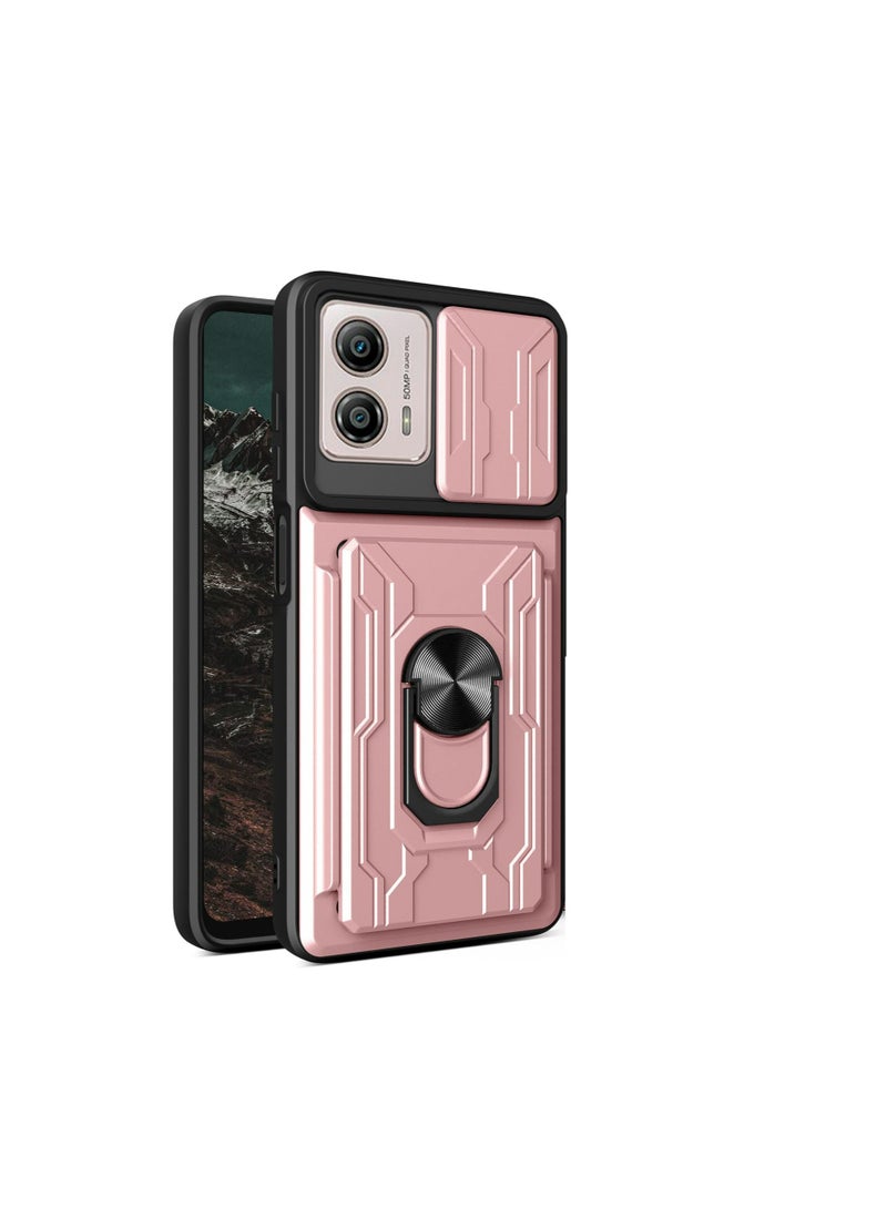 Motorola Moto G53 5G/ G13 4G/ G23 4G Mobile Phone Case Cover with Card Holder, Slide Camera Lens Cover, 360°Rotating Kickstand Ring, Bumper Shockproof Phone Case 