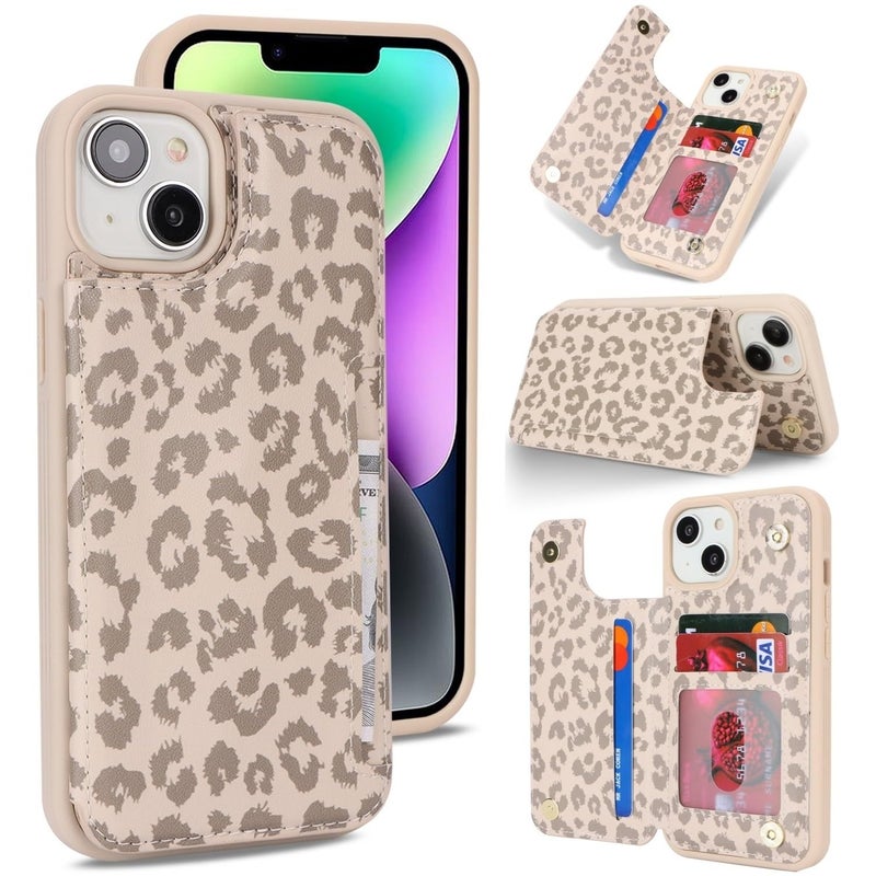 iCoverCase Compatible with iPhone 13 Phone Case with Card Holder, Wallet Case for Women Men RFID Blocking PU Leather Protective Case 6.1 Inch (Beige Leopard) - Image 1