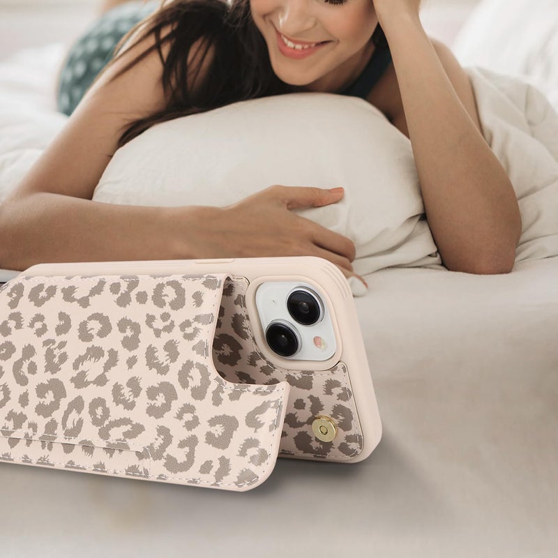 iCoverCase Compatible with iPhone 13 Phone Case with Card Holder, Wallet Case for Women Men RFID Blocking PU Leather Protective Case 6.1 Inch (Beige Leopard) - Image 5