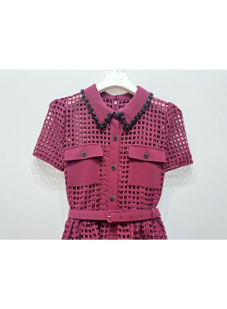 ZAGHOU Lace Up Hollow Retro Wine Red Dress - Image 4