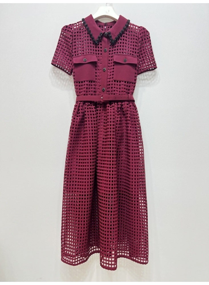 ZAGHOU Lace Up Hollow Retro Wine Red Dress - Image 5