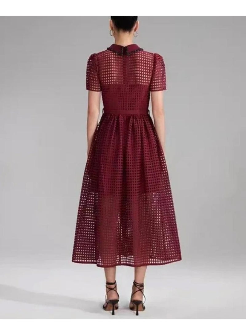 ZAGHOU Lace Up Hollow Retro Wine Red Dress - Image 3