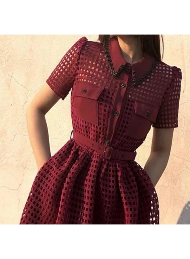 ZAGHOU Lace Up Hollow Retro Wine Red Dress - Image 1