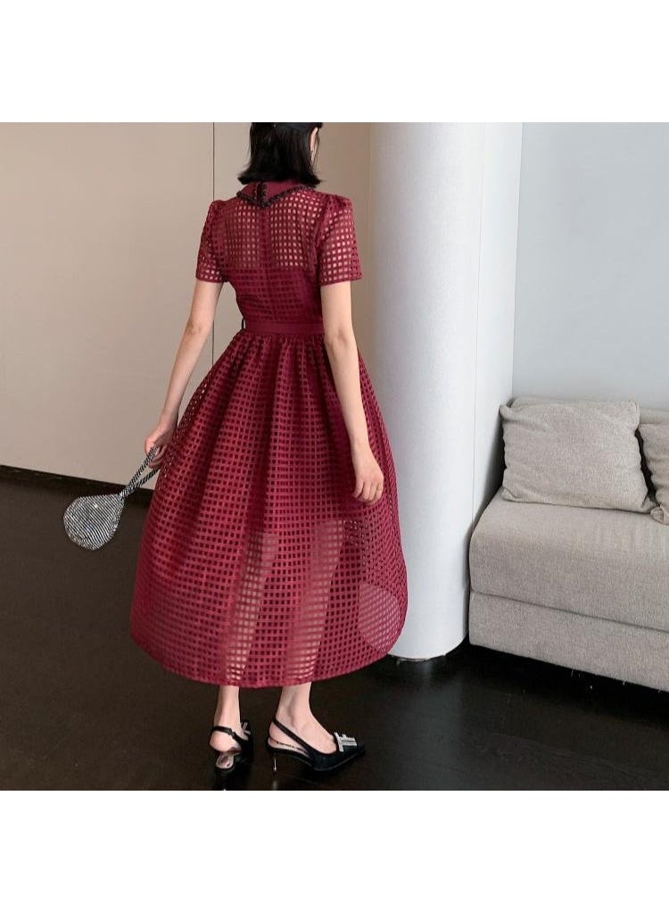 ZAGHOU Lace Up Hollow Retro Wine Red Dress - Image 2