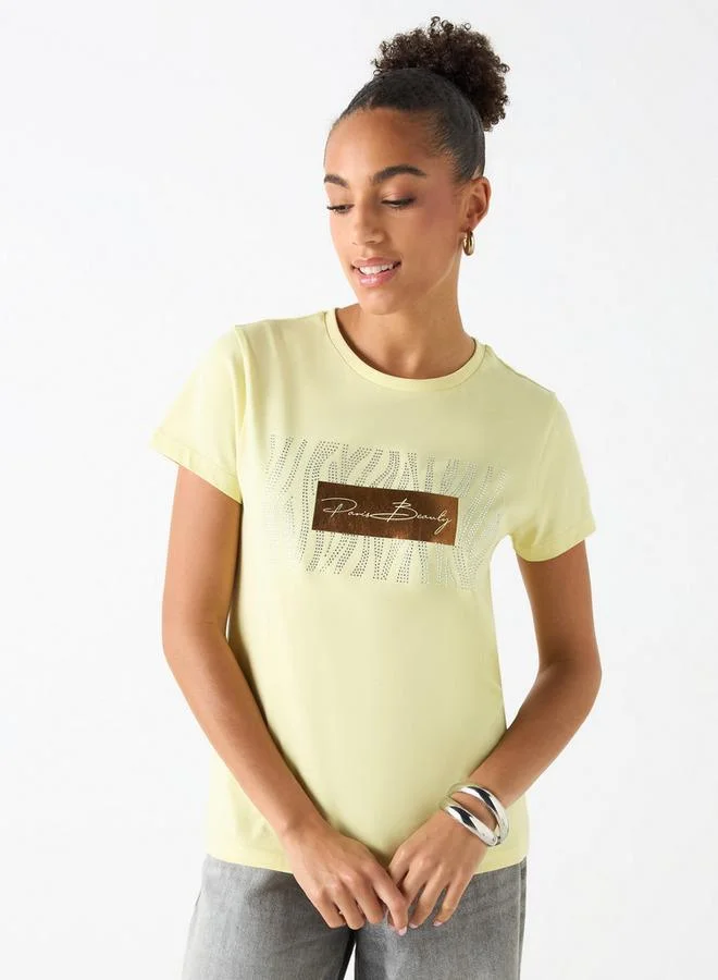 Splash FAV Embellished Crew Neck T-shirt with Short Sleeves