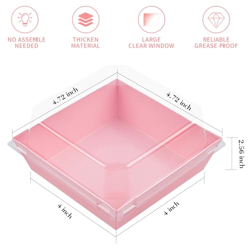Ocmoiy Pink Charcuterie Boxes with Clear Lids 4x4 Inch, 100 Pack Square Kraft Bakery Cake Slice Boxes with Window, Dessert To Go Containers (100) - Image 2