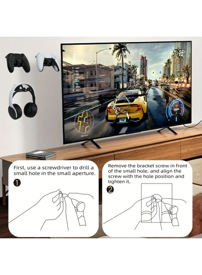 White Wall Mounted Headphone Holder 2PCS Adjustable Gaming Headset Controller Mount with Strong Adhesive Hooks Space Saving Design - Image 3