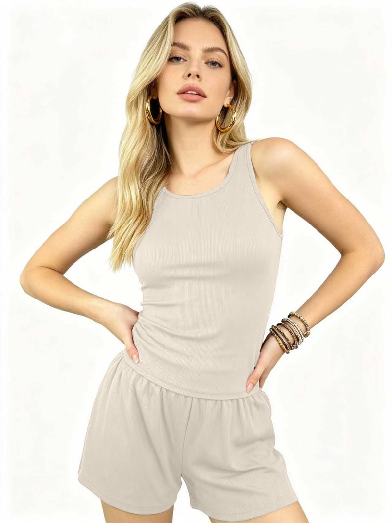ChenDa European and american fashion women's ribbed tank top and shorts two-piece activewear set - solid color pocket summer  outfit - Image 2