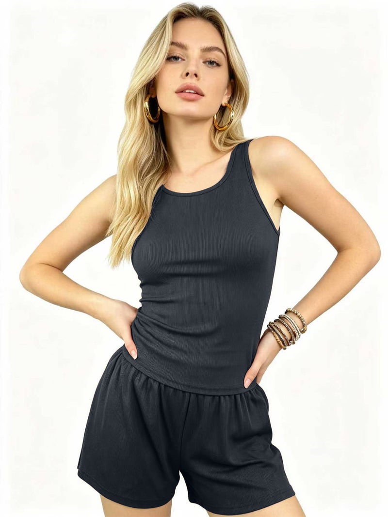 ChenDa European and american fashion women's ribbed tank top and shorts two-piece activewear set - solid color pocket summer  outfit - Image 5