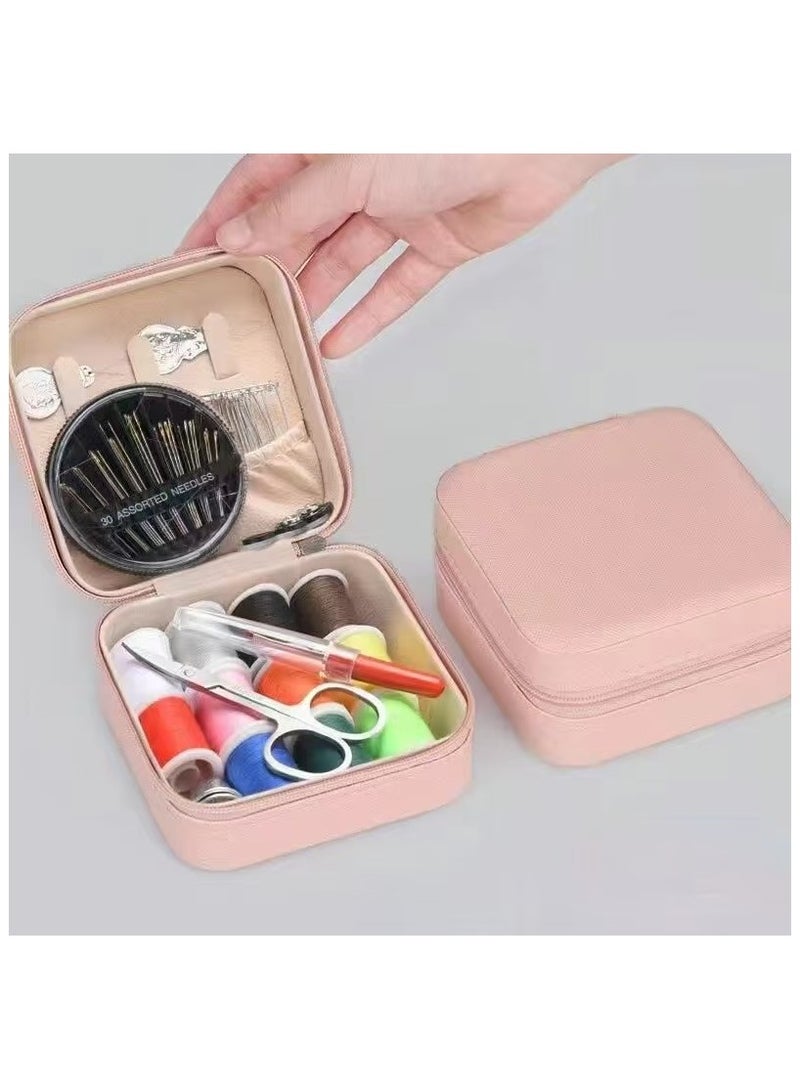 Travel Sewing Kit for Adults Beginners, Portable Mini Sew Kit Leather Box with Thimbles, Needle and Thread, Basic Hand Home Starter Sewing Supplies Accessories for Emergency Mending, Pink - Image 1