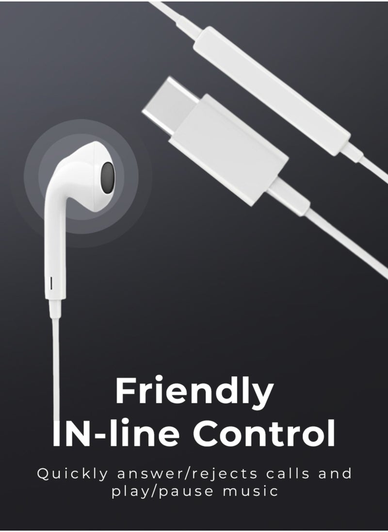 glassology - Wired Type-C In-Ear Earphones with Hi-Fi Stereo Sound and Thumping Bass, Featuring Premium Piston Design, White - Image 1
