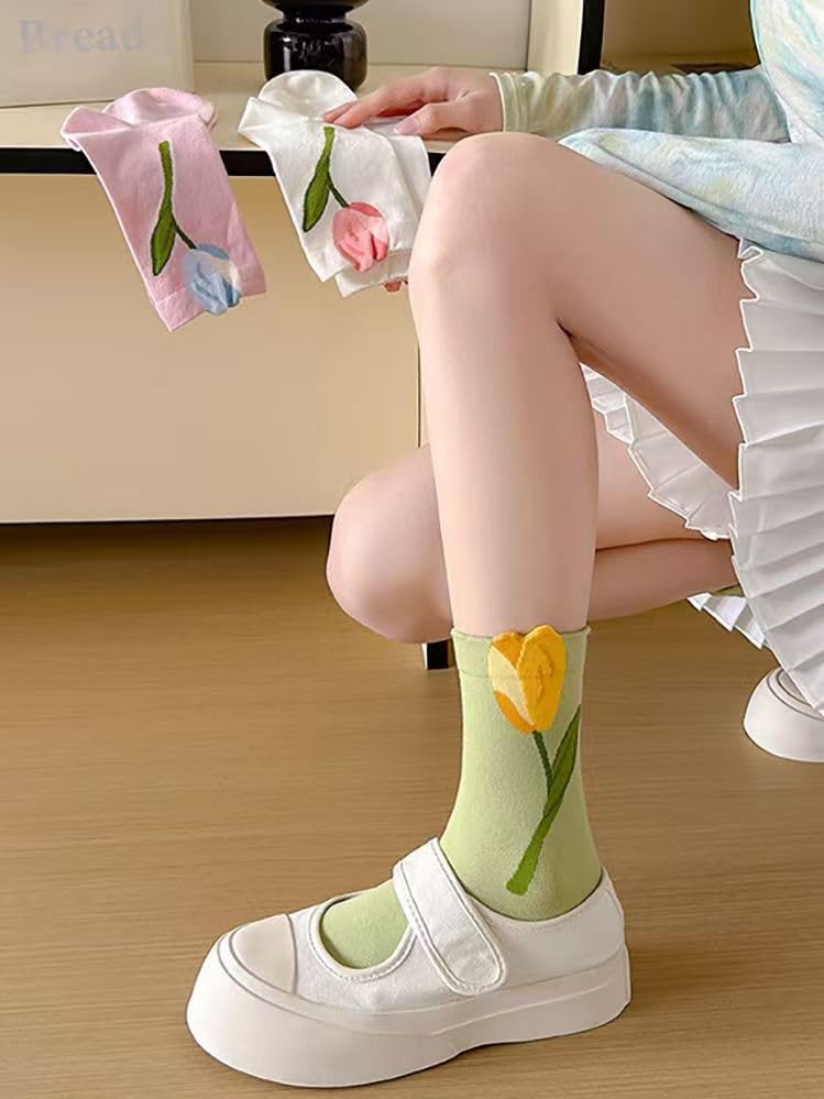 MarJunSep Cute Floral Crew Socks for Women Teen Girls Flower Cottagecore Frilly Vintage Fancy Cotton Socks Tulip Fun - Image 3