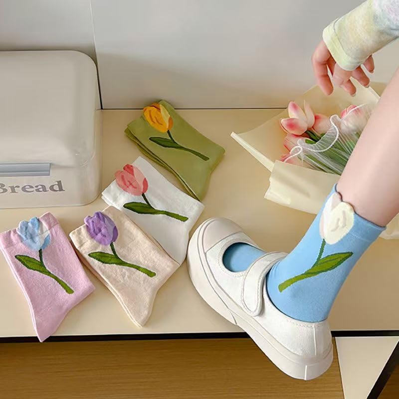 MarJunSep Cute Floral Crew Socks for Women Teen Girls Flower Cottagecore Frilly Vintage Fancy Cotton Socks Tulip Fun - Image 5