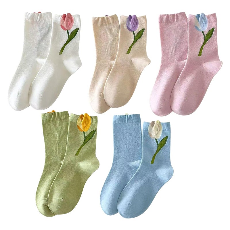 MarJunSep Cute Floral Crew Socks for Women Teen Girls Flower Cottagecore Frilly Vintage Fancy Cotton Socks Tulip Fun - Image 1