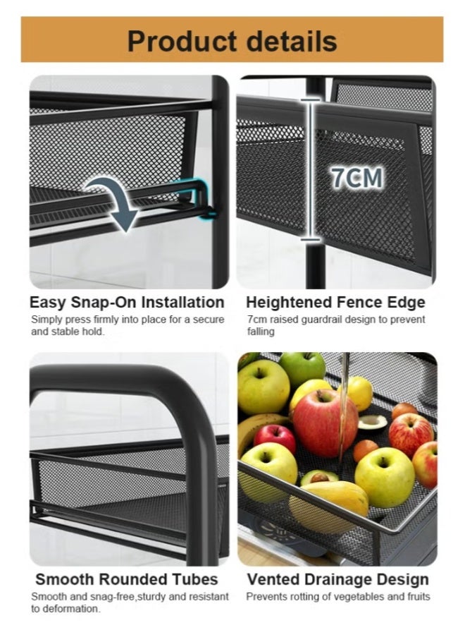 3-Tier Metal Storage Trolley with Wheels, Multi-Purpose Rolling Kitchen Rack Organizer for Vegetables, Fruits, Bathroom & Living Room, Extra-Large Capacity - Image 2