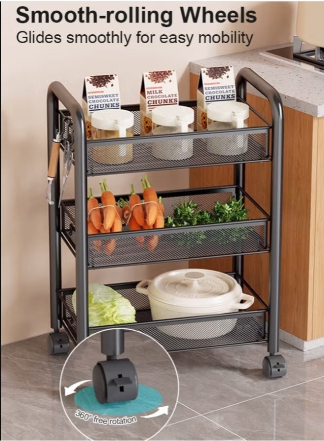 3-Tier Metal Storage Trolley with Wheels, Multi-Purpose Rolling Kitchen Rack Organizer for Vegetables, Fruits, Bathroom & Living Room, Extra-Large Capacity - Image 3