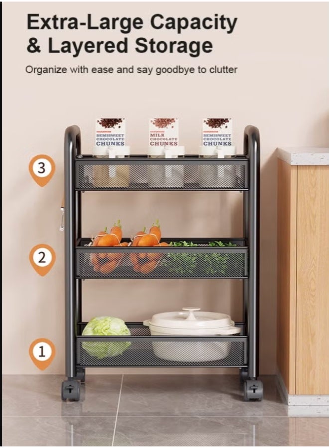 3-Tier Metal Storage Trolley with Wheels, Multi-Purpose Rolling Kitchen Rack Organizer for Vegetables, Fruits, Bathroom & Living Room, Extra-Large Capacity - Image 5