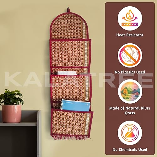 KalaTree River Grass Wall Hanging Organizer for Home Decor | Handwoven Magazine & Letter Holder | Eco-Friendly Korai Grass | 3 Pockets Foldable Vibrant - Image 5