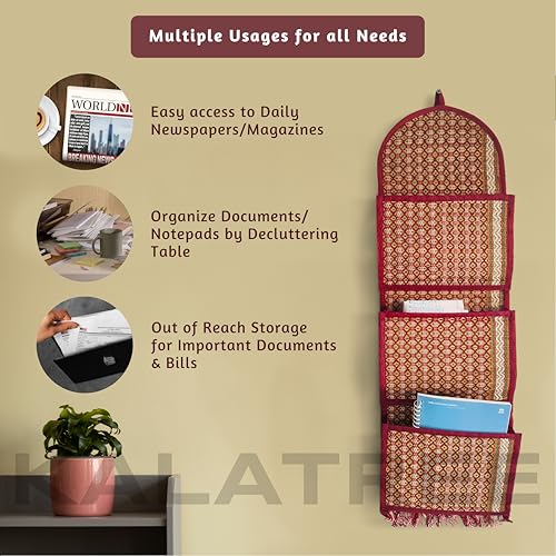 KalaTree River Grass Wall Hanging Organizer for Home Decor | Handwoven Magazine & Letter Holder | Eco-Friendly Korai Grass | 3 Pockets Foldable Vibrant - Image 3