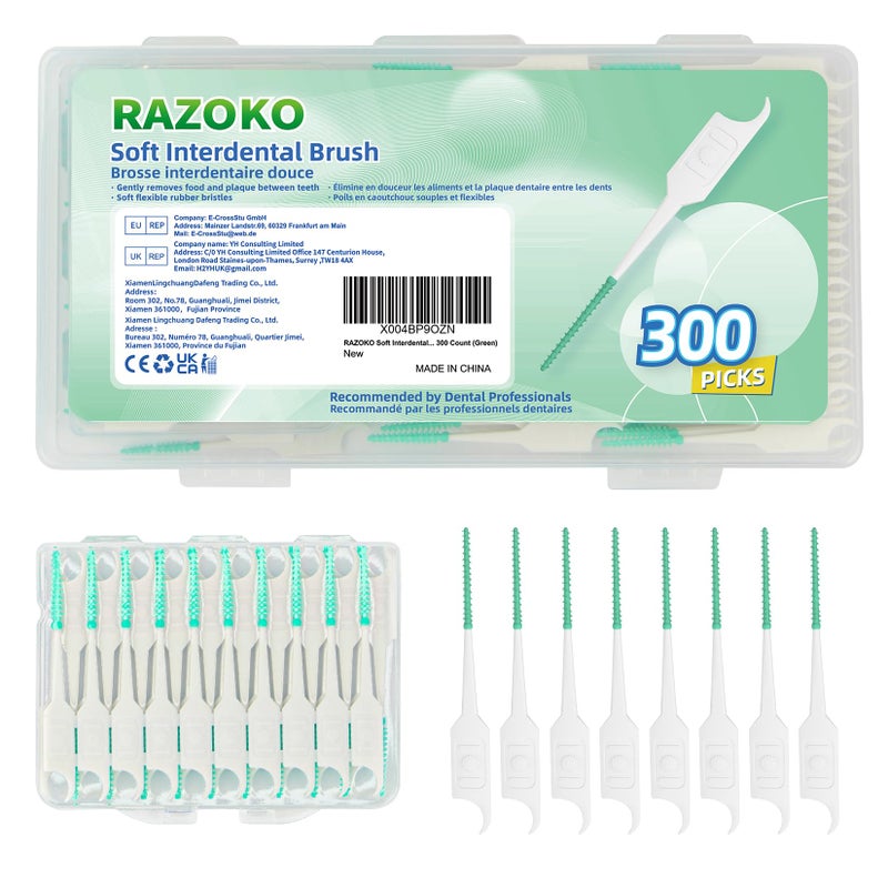 RAZOKO Soft Interdental Brushes Original, Dental Picks for Cleaning Teeth, Disposable Interdental Brushes, with Convenient Carry Case (Green, 300 Count) - Image 1