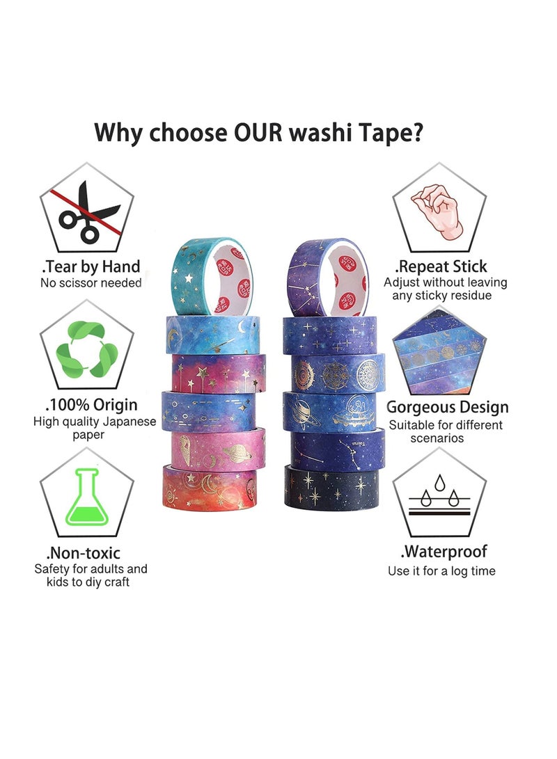 Galaxy Purple Bronzing Washi Tape, 12 Rolls DIY Hand Account Creative Decorative Stickers Handmade Accessories Gold Foil Paper Tapes with Constellations, Blue Sky, Moon, Stars, Celestial Bodies - Image 5