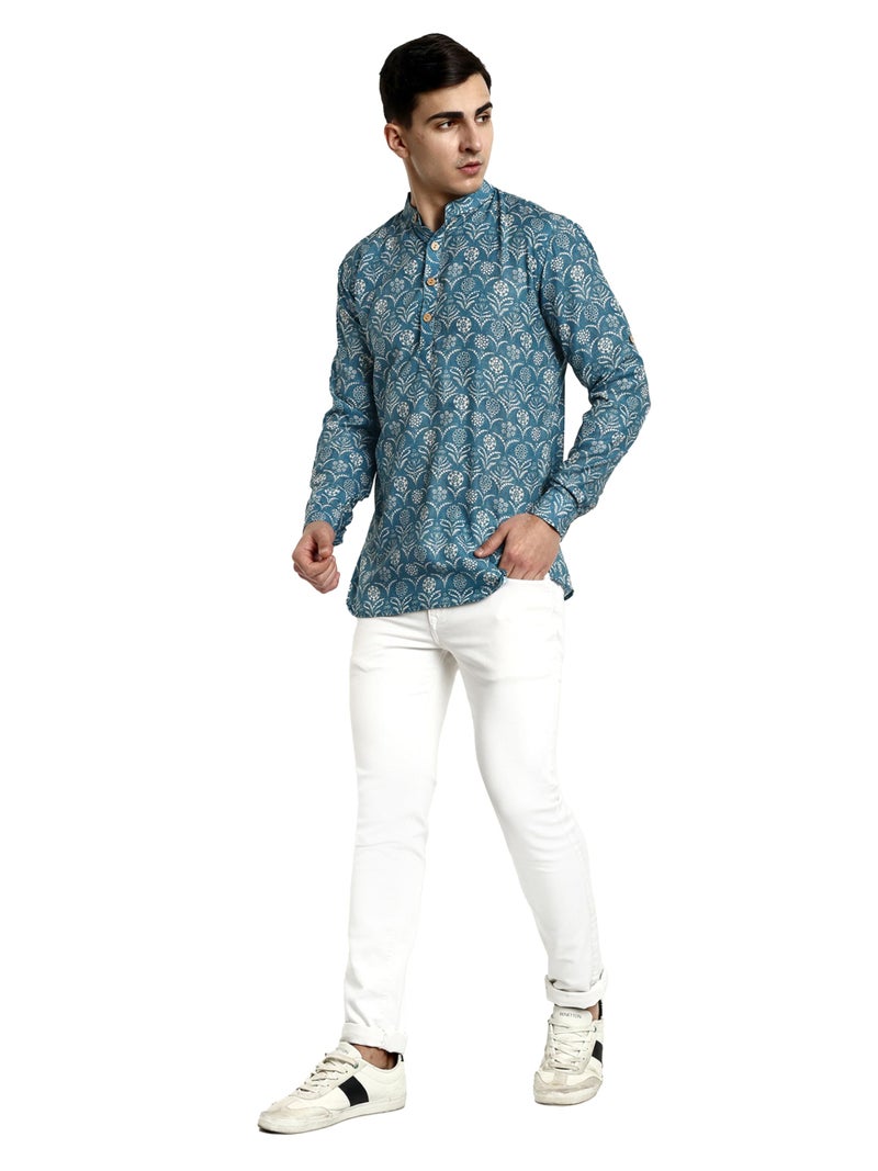 Vardha Men's Cotton Printed Short Kurta with Comfortable Fit and Simple Style and Regular Look | Kurta for Men Blue - Image 1