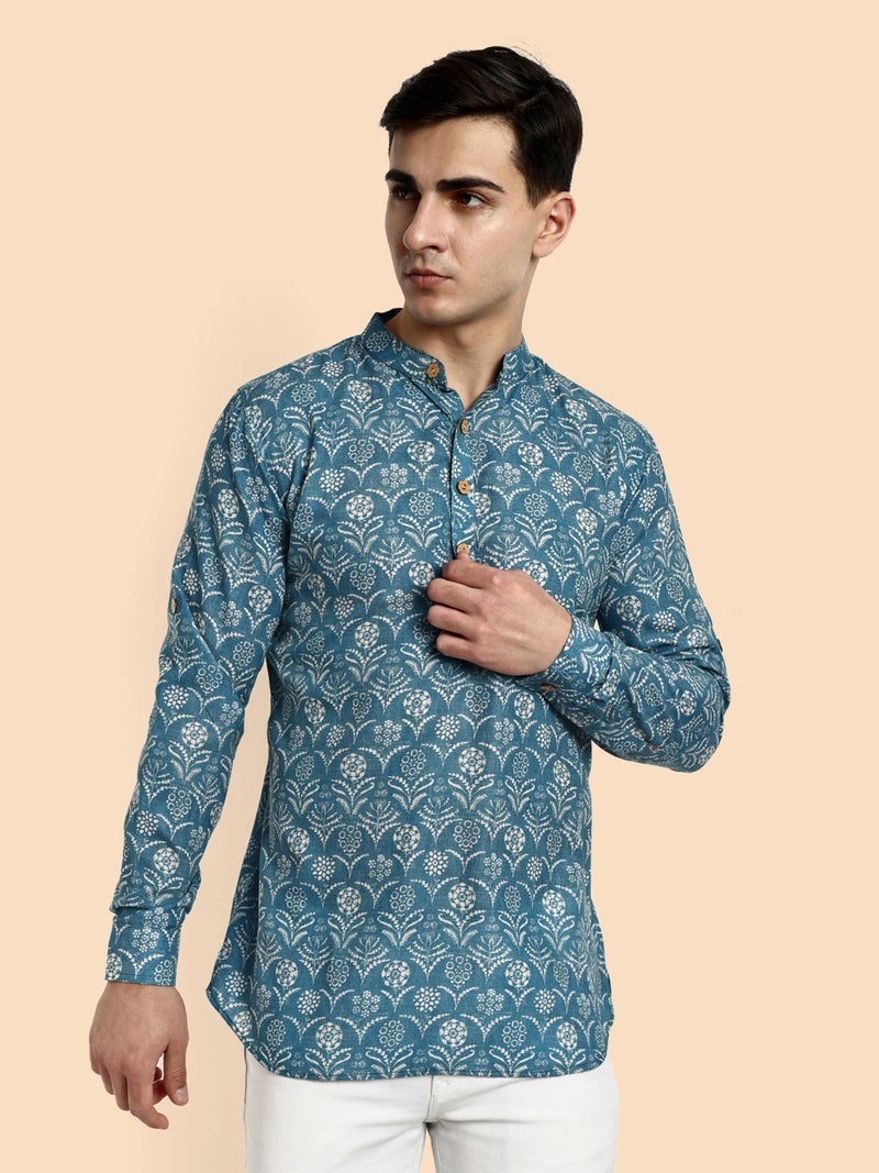 Vardha Men's Cotton Printed Short Kurta with Comfortable Fit and Simple Style and Regular Look | Kurta for Men Blue - Image 5