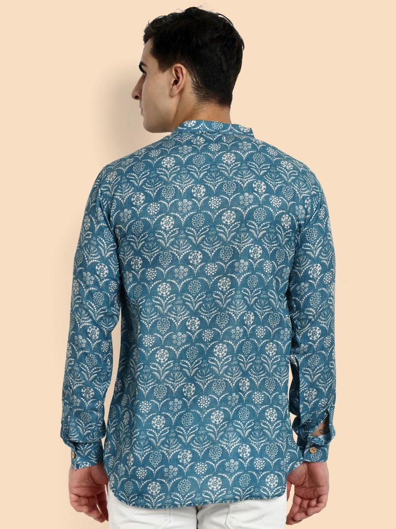Vardha Men's Cotton Printed Short Kurta with Comfortable Fit and Simple Style and Regular Look | Kurta for Men Blue - Image 4