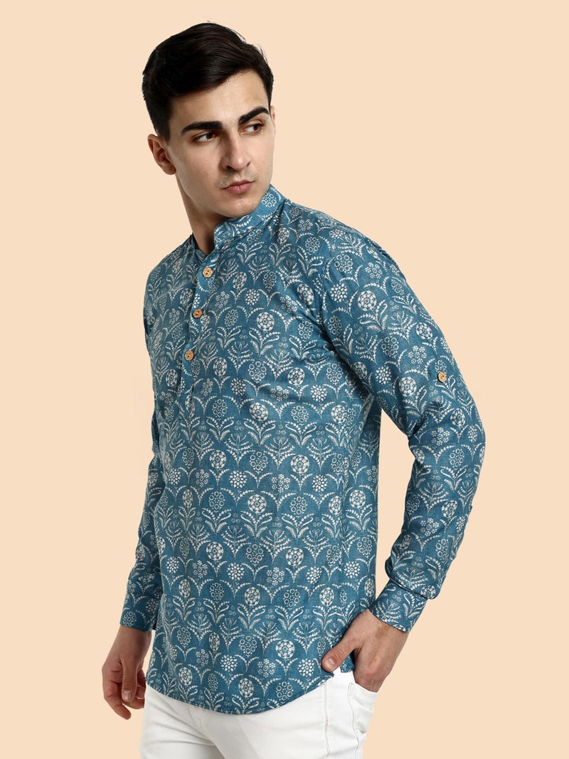 Vardha Men's Cotton Printed Short Kurta with Comfortable Fit and Simple Style and Regular Look | Kurta for Men Blue - Image 3