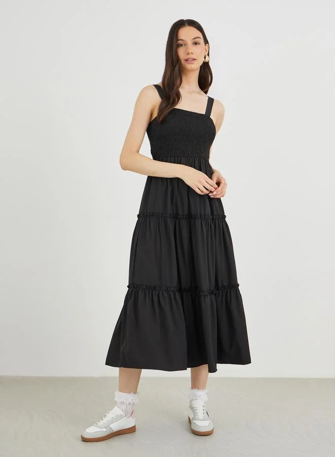 Take Two Take Two Solid Smocking Detail A-Line Strappy Midi Dress