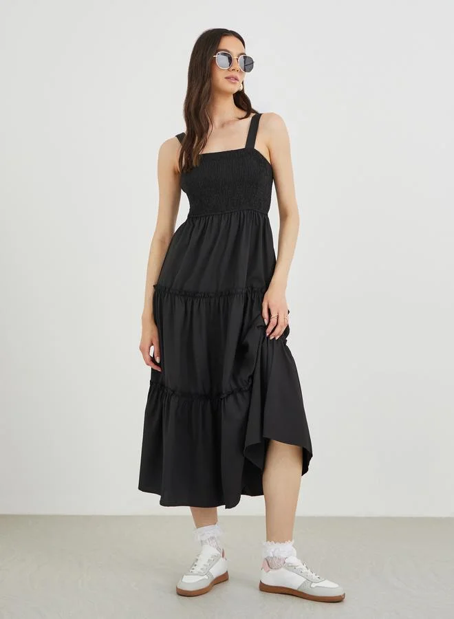 Take Two Take Two Solid Smocking Detail A-Line Strappy Midi Dress