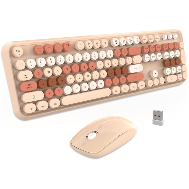 FOPETT Keyboard and Mouse Sets Wireless,Reliable 2.4 GHz Connectivity for PC,Laptop,Smart TV and More (Milk Tea Color) - Image 1
