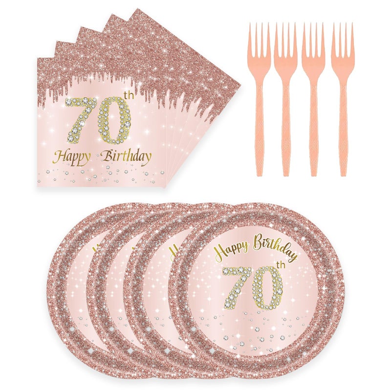 KFJBPB 72 Pcs 70th Birthday Paper Plates and Napkins Party Supplies, Rose Gold 70th Birthday Party Plates and Napkins Tableware Set for Men Women Cheers to 70 Years Birthday Party Decorations Serves 24 - Image 1