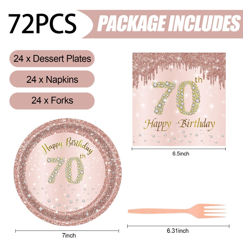 KFJBPB 72 Pcs 70th Birthday Paper Plates and Napkins Party Supplies, Rose Gold 70th Birthday Party Plates and Napkins Tableware Set for Men Women Cheers to 70 Years Birthday Party Decorations Serves 24 - Image 2