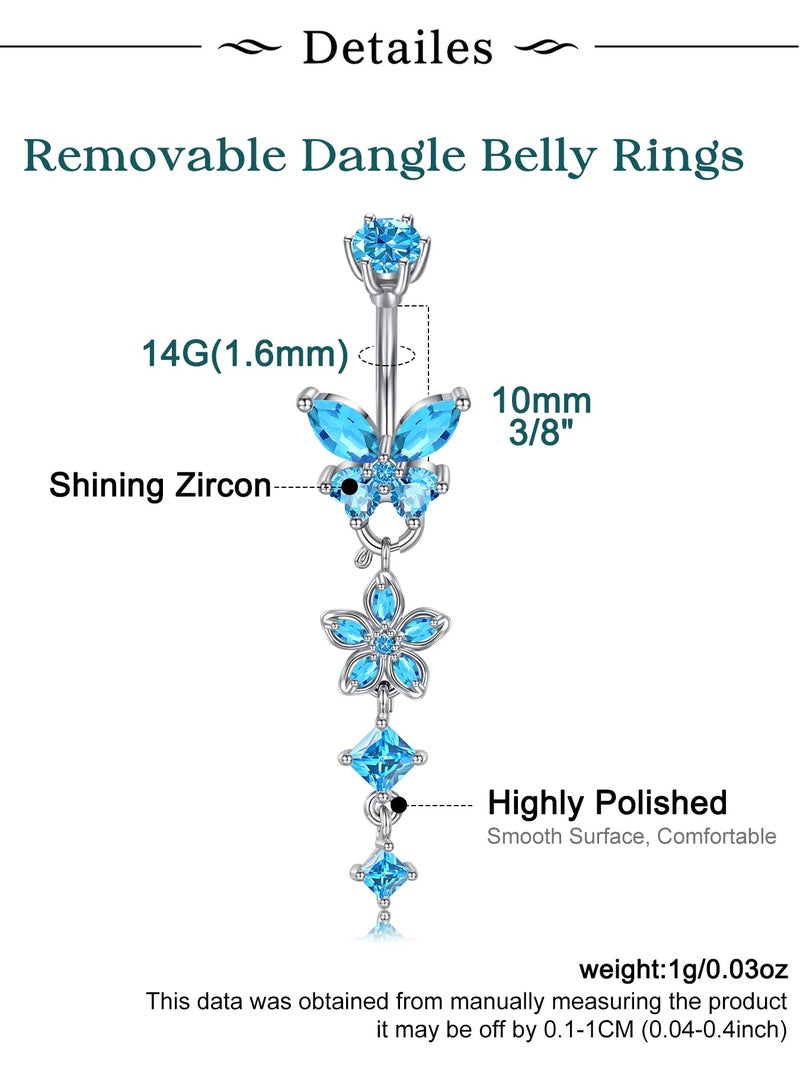 Longita Removable Dangle Belly Button Ring Surgical Steel Hypoallergenic Silver Belly Ring for Women Dangly Navel Piercing Jewelry Dangling Butterfly Flower Trendy Dainty Navel Rings for Women Blue - Image 2
