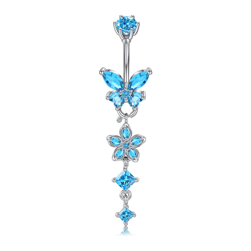 Longita Removable Dangle Belly Button Ring Surgical Steel Hypoallergenic Silver Belly Ring for Women Dangly Navel Piercing Jewelry Dangling Butterfly Flower Trendy Dainty Navel Rings for Women Blue - Image 1